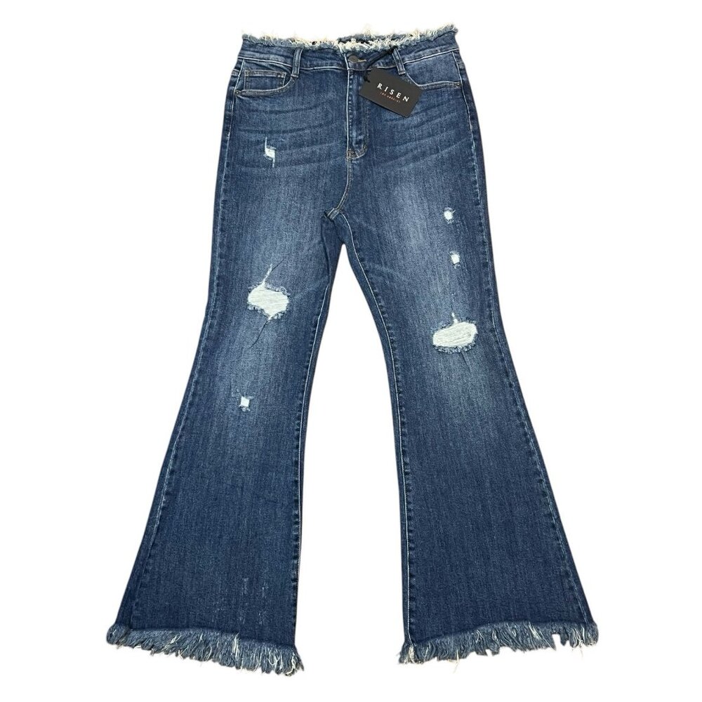 Risen Women Jeans RAW EDGE WAIST W FRAYED HEM FLARE Blue Distressed 32/15 NWT - Picture 3 of 16